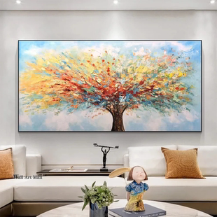 大芬村手绘油画抽象彩色发财树客厅横版装饰画立体办公室书房挂画