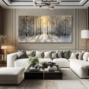 大芬村纯手绘油画抽象白桦林风景侘寂风客厅装饰画横版办公室挂画