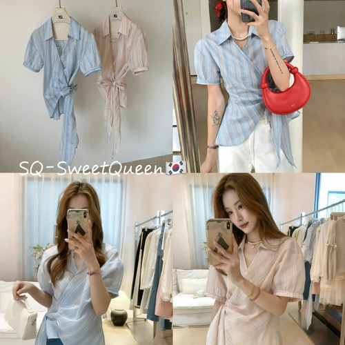 SQ-智性美学韩系肌理感条纹不规则收腰显瘦系带衬衣小衫2602Q