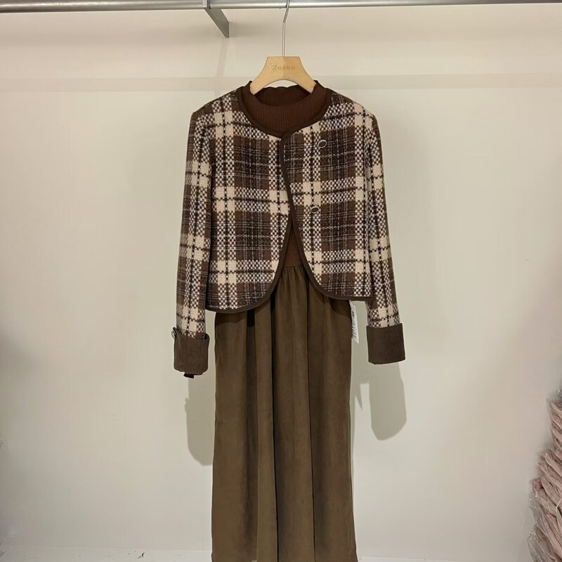 小香风复古格子外套针织拼接连衣裙两件套女秋款2024新小个子上衣