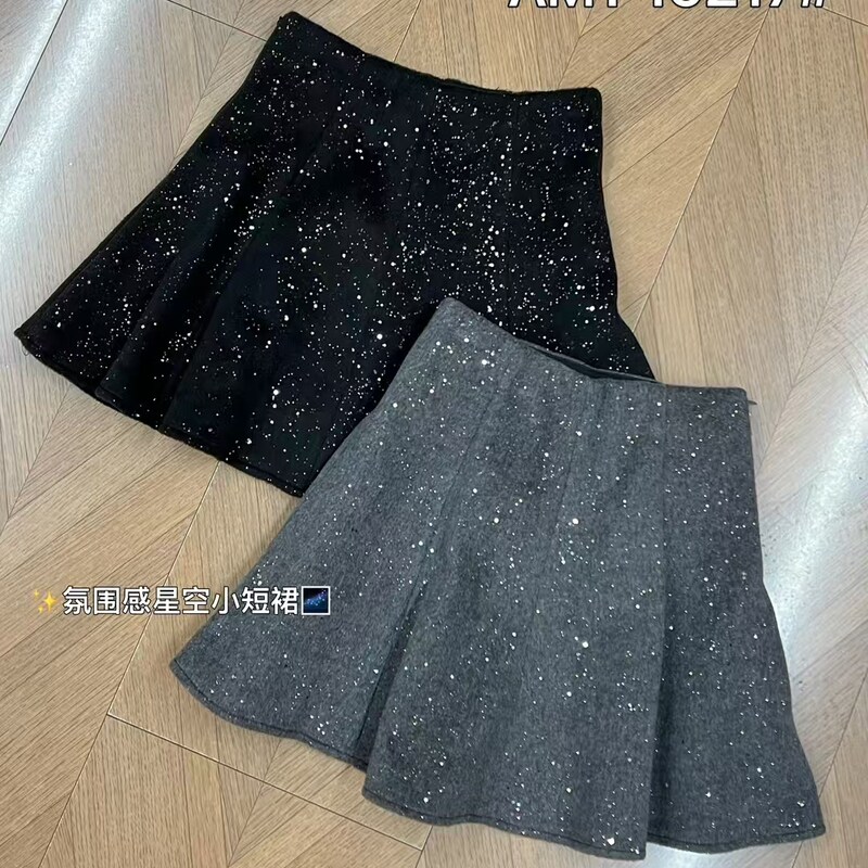 AIMITI时尚显瘦毛呢星空短裙女2024秋冬新款法式高腰A字半身裙