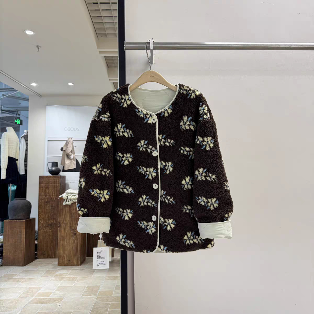 双面穿提花圆领毛毛保暖棉服女宽松毛绒仿羊羔毛外套秋冬两穿外套