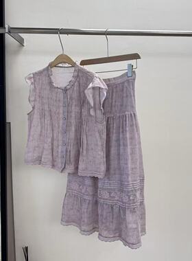 绝美紫色100苎麻套装女夏季新款小飞袖宽松上衣a字半裙气质两件套