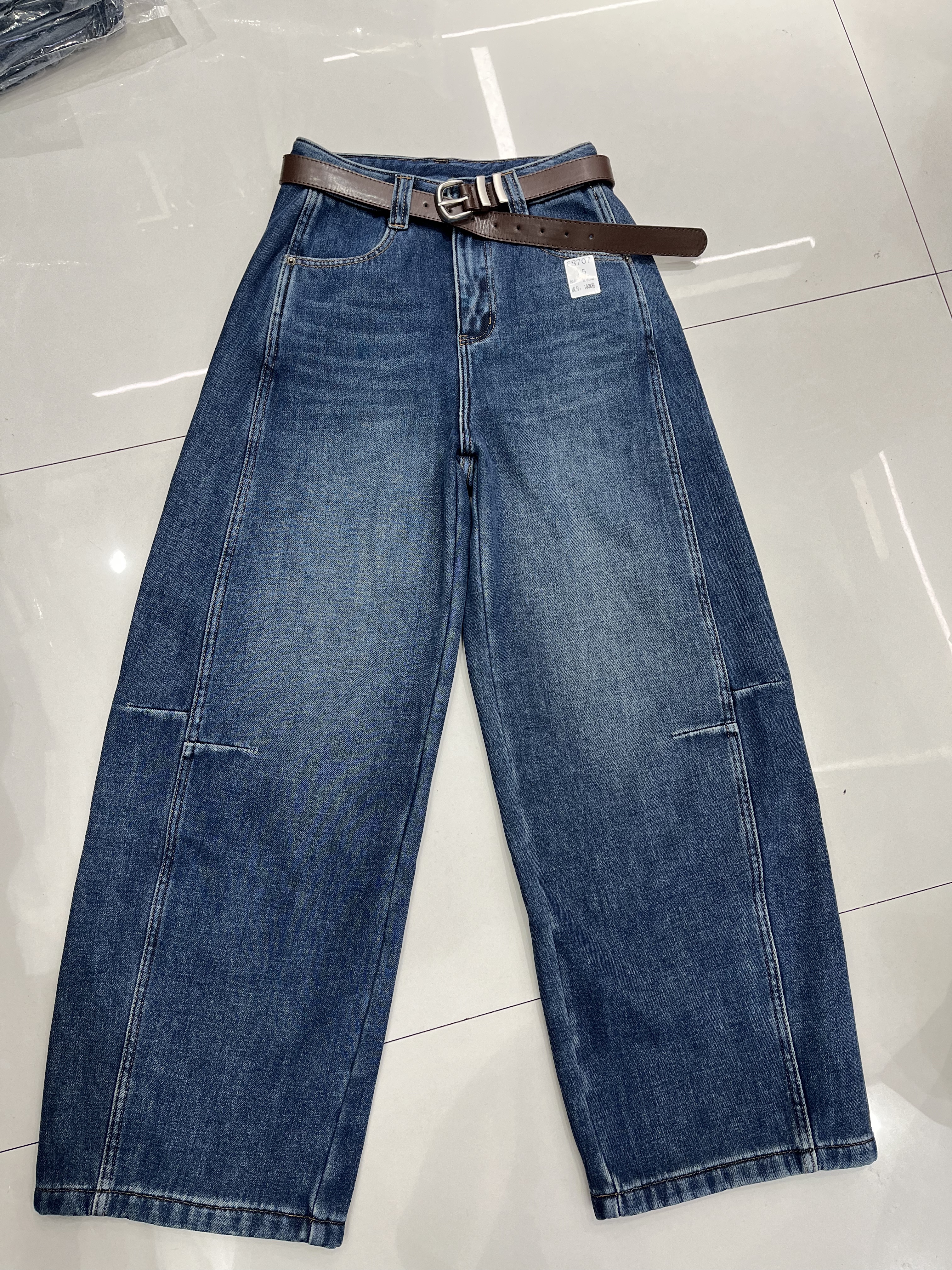 JEANS 65292欧货2025冬季新款复合加厚绒阔腿弯刀裤女高腰牛仔裤