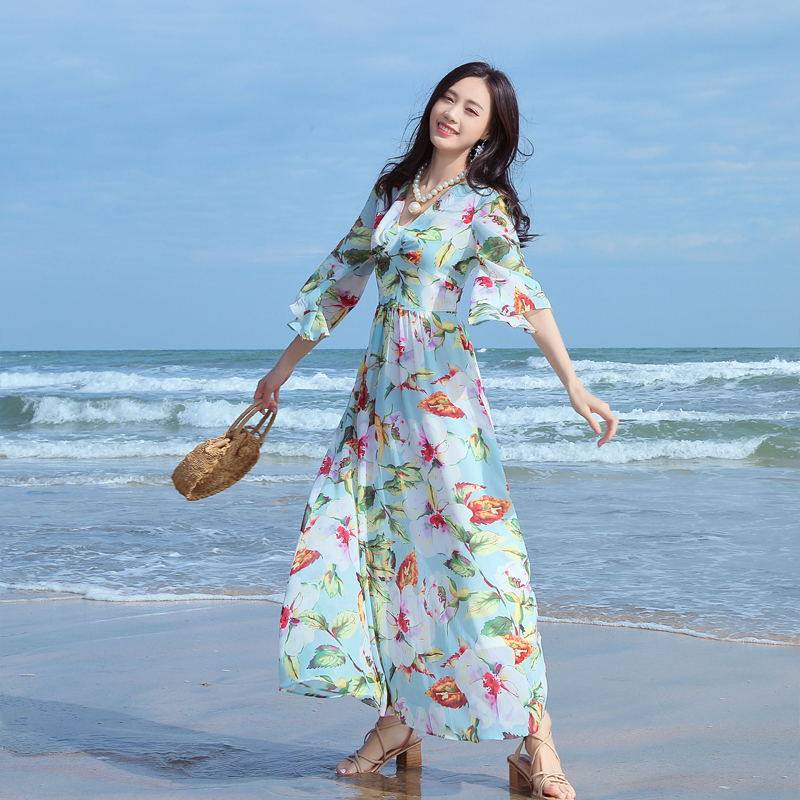 夏新款欧美女装时尚修身雪纺印花大摆V领长裙喇叭袖连衣裙仙女裙