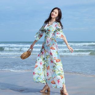 夏新款欧美女装时尚修身雪纺印花大摆V领长裙喇叭袖连衣裙仙女裙