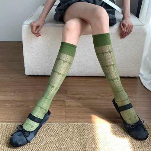 穿搭及膝袜绿色爱心夏日韩透气新款无骨小腿袜袜子女夏薄款芭蕾风