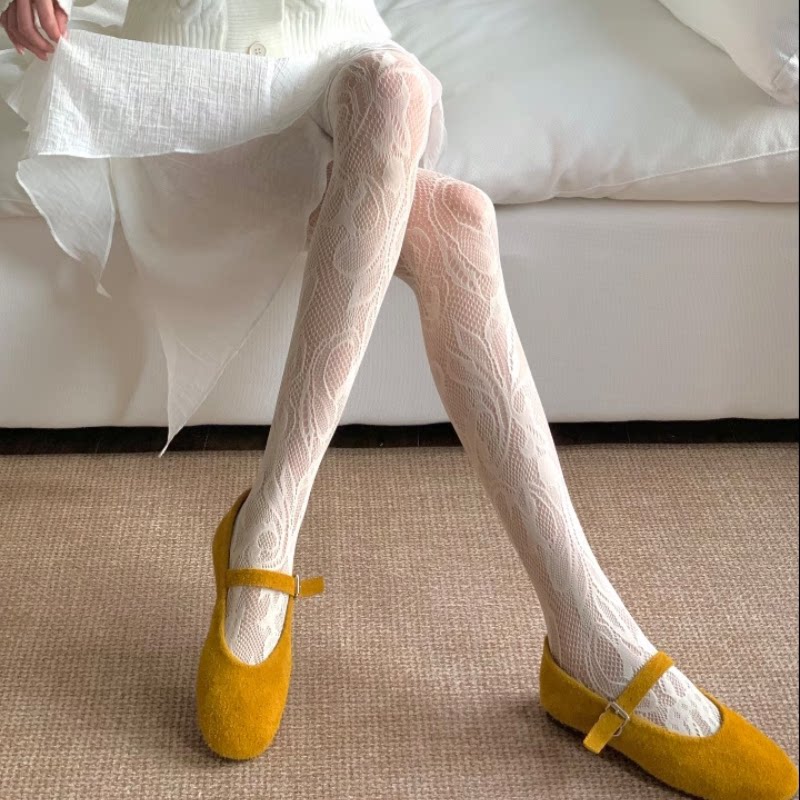 法式优雅植物花卉渔网袜纯欲白色丝袜夏季女防勾丝不掉档打底裤袜