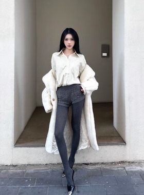 miu系薄款韩版连裤袜美腿竖条纹纯棉打底袜子女灰色格雷系打底裤