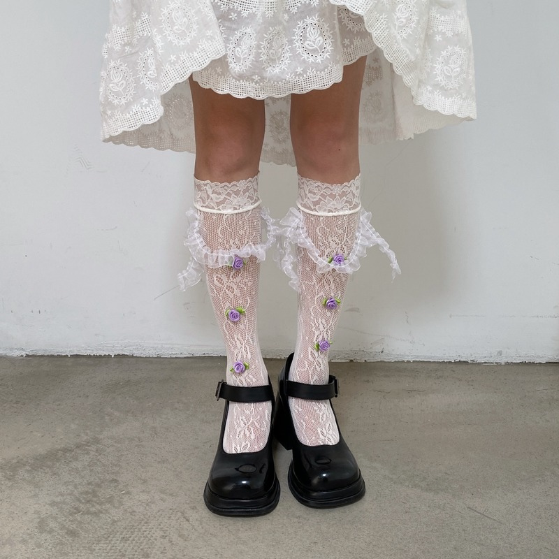 夏日系洛丽塔花边袜子女立体花朵蕾丝花边袜洛丽塔花边袜子推推袜