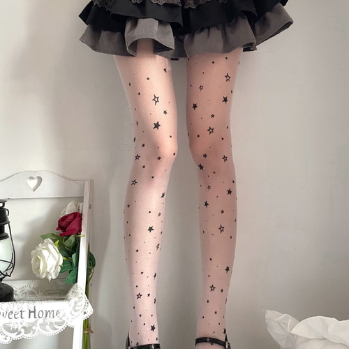 日系薄款甜美Lolita星星印花丝袜连裤袜辣妹防勾丝个性任意剪黑丝