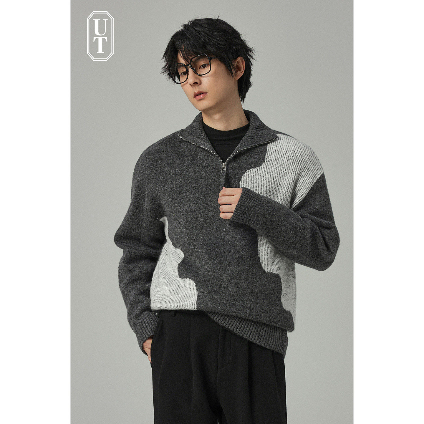 宽松重磅半高领拉链针织衫男士时尚拼接设计毛衣日常通勤保暖上衣
