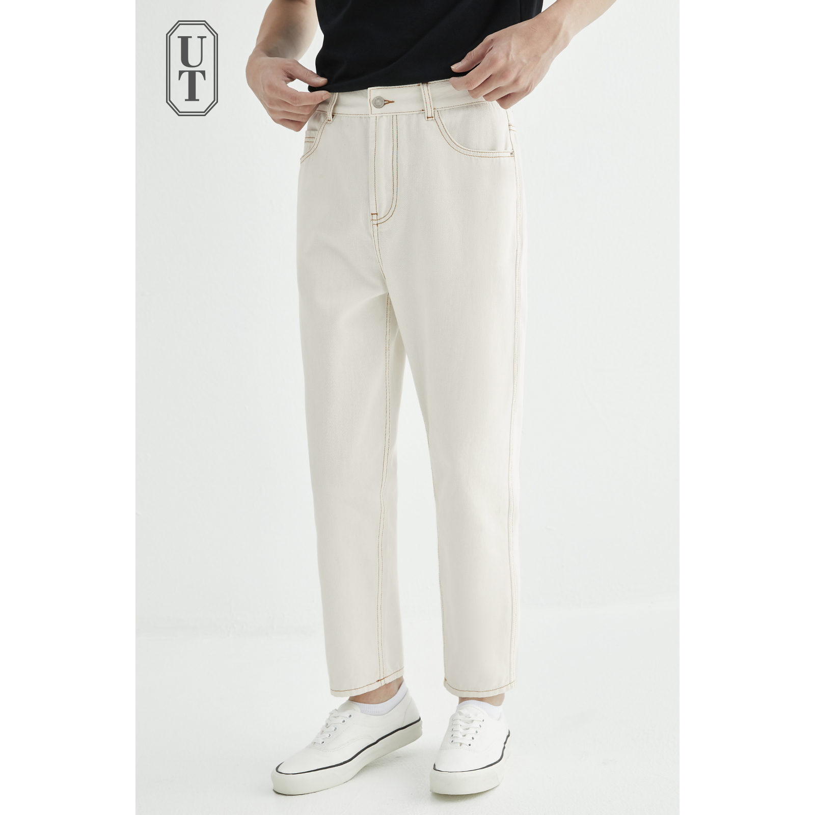 夏季新款直筒卡其白色高端牛仔裤