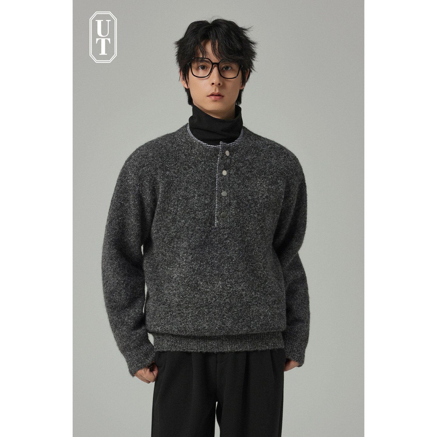 高级感亨利领撞色针织衫男羊毛圈圈纱线含羊毛保暖老钱风毛衣冬季