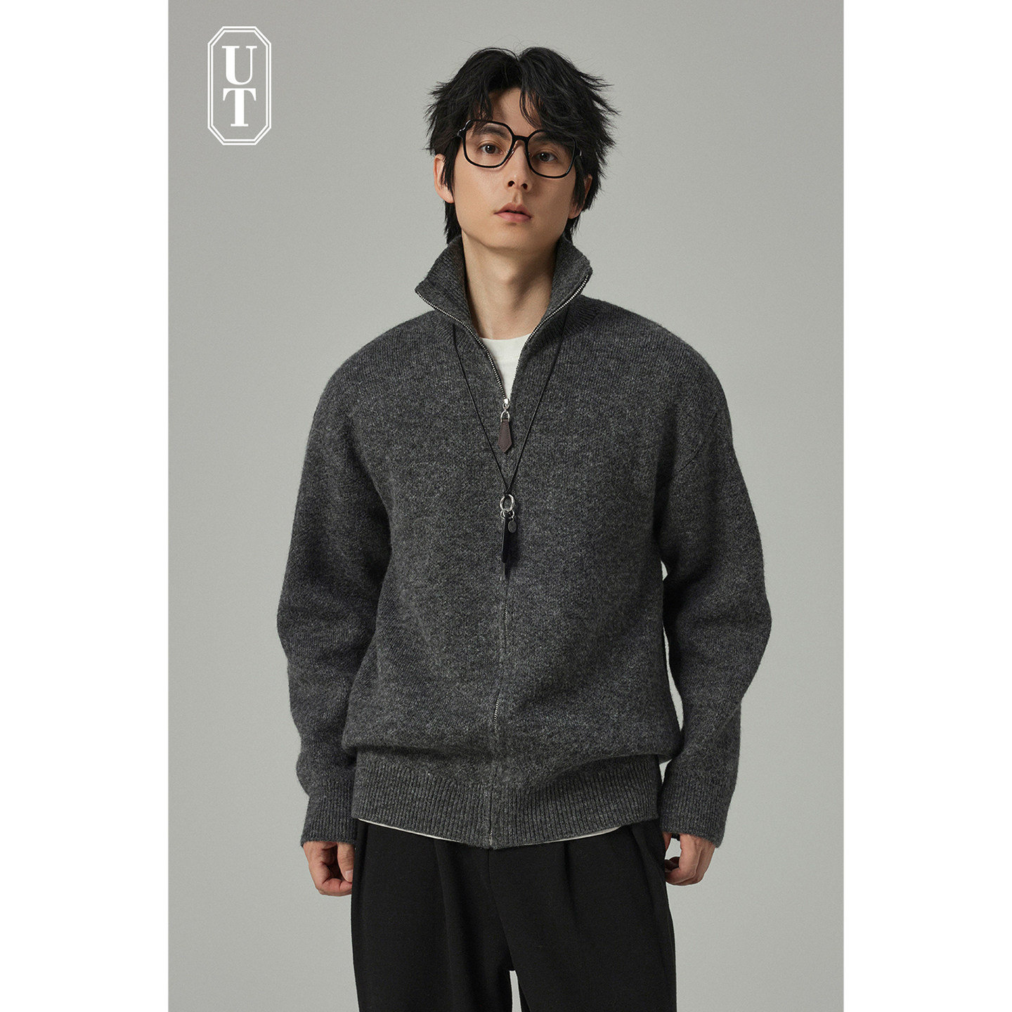 立领马海毛连帽针织衫男士含羊毛休闲卫衣秋冬季加厚毛衣外穿拉链