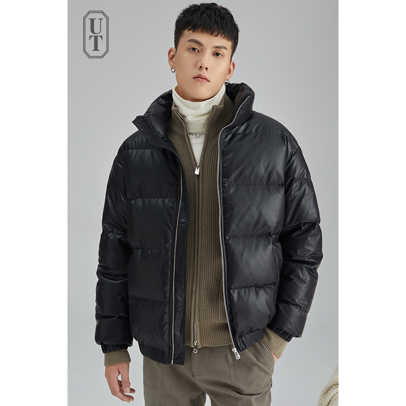 重磅羽绒服男士短款冬季保暖新款PU皮立领潮流鸭绒面包服加厚外套