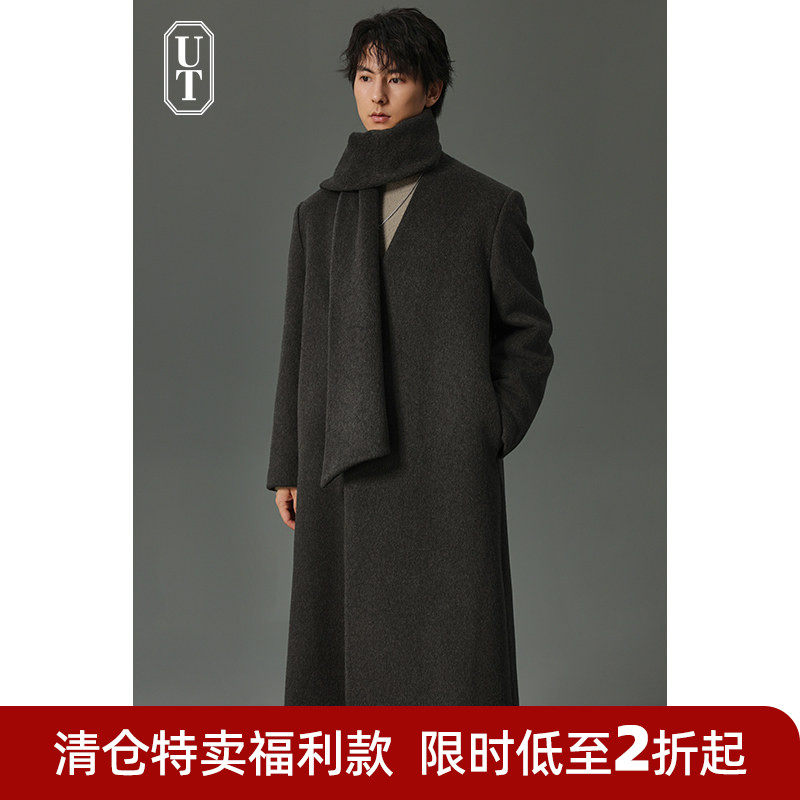 高级感冬季新款无领围巾款加厚保暖羊毛呢大衣男士中长款妮子外套