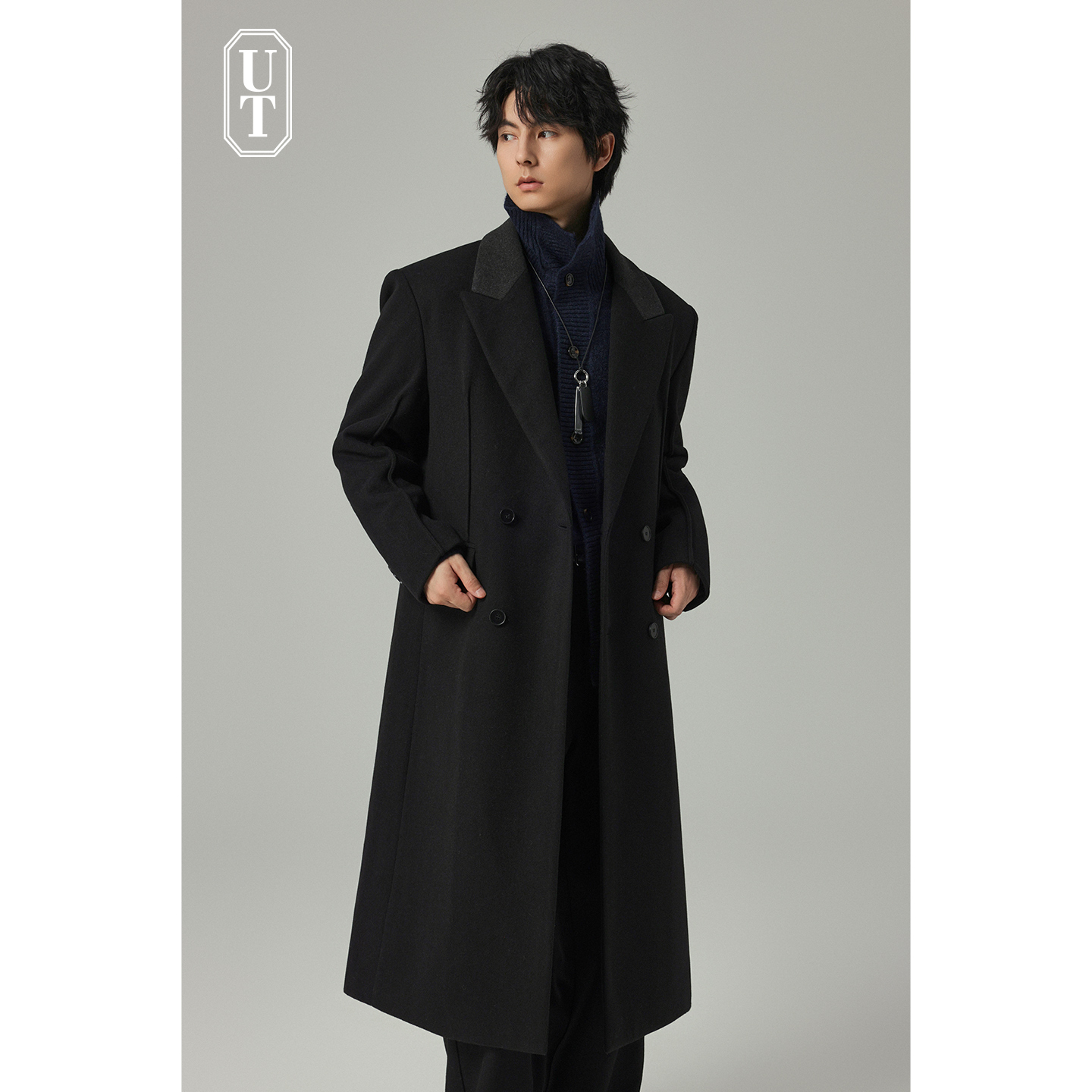 双排扣拼接毛呢大衣男中长款过膝帅气夹棉外衣带垫肩加厚保暖外套