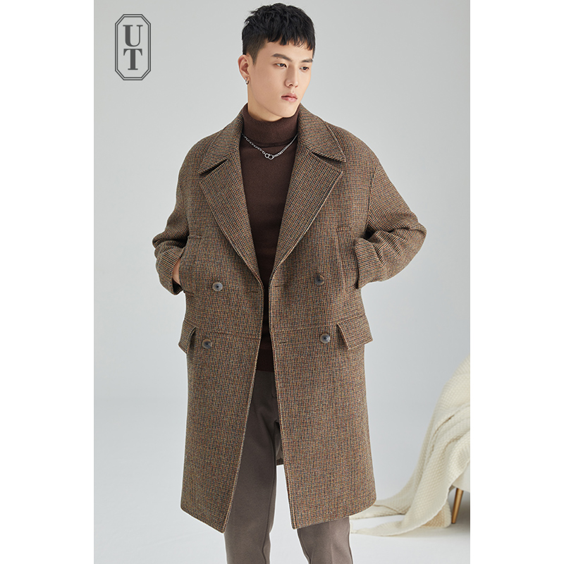 中长款冬季羊毛呢子大衣千鸟格