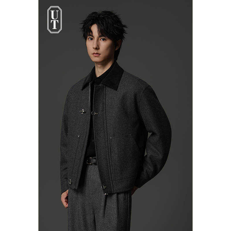 高级感羊毛呢子夹克男士飞机扣装饰加仿丝棉加厚休闲外套翻领上衣