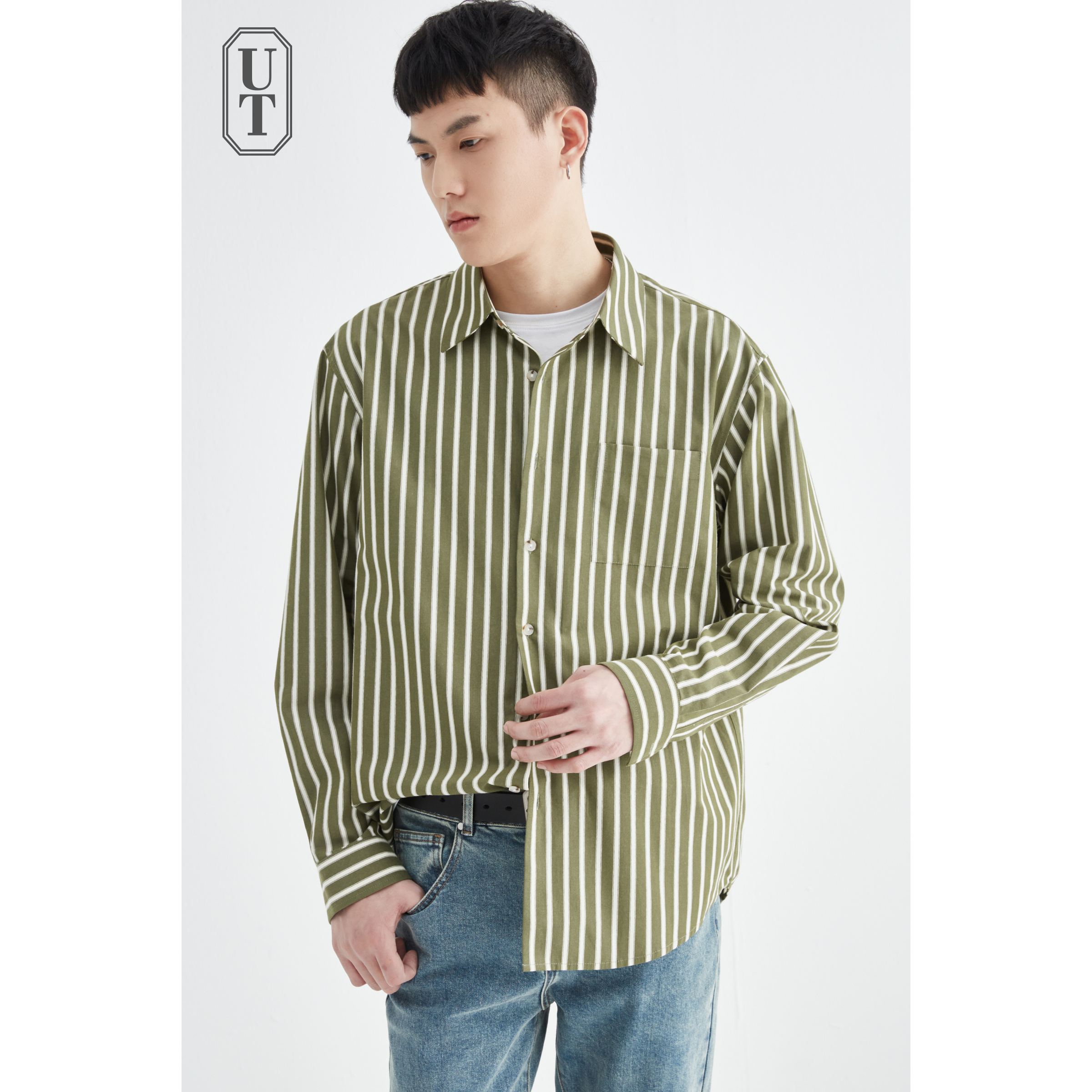 垂顺竖条纹长袖衬衫男士高级