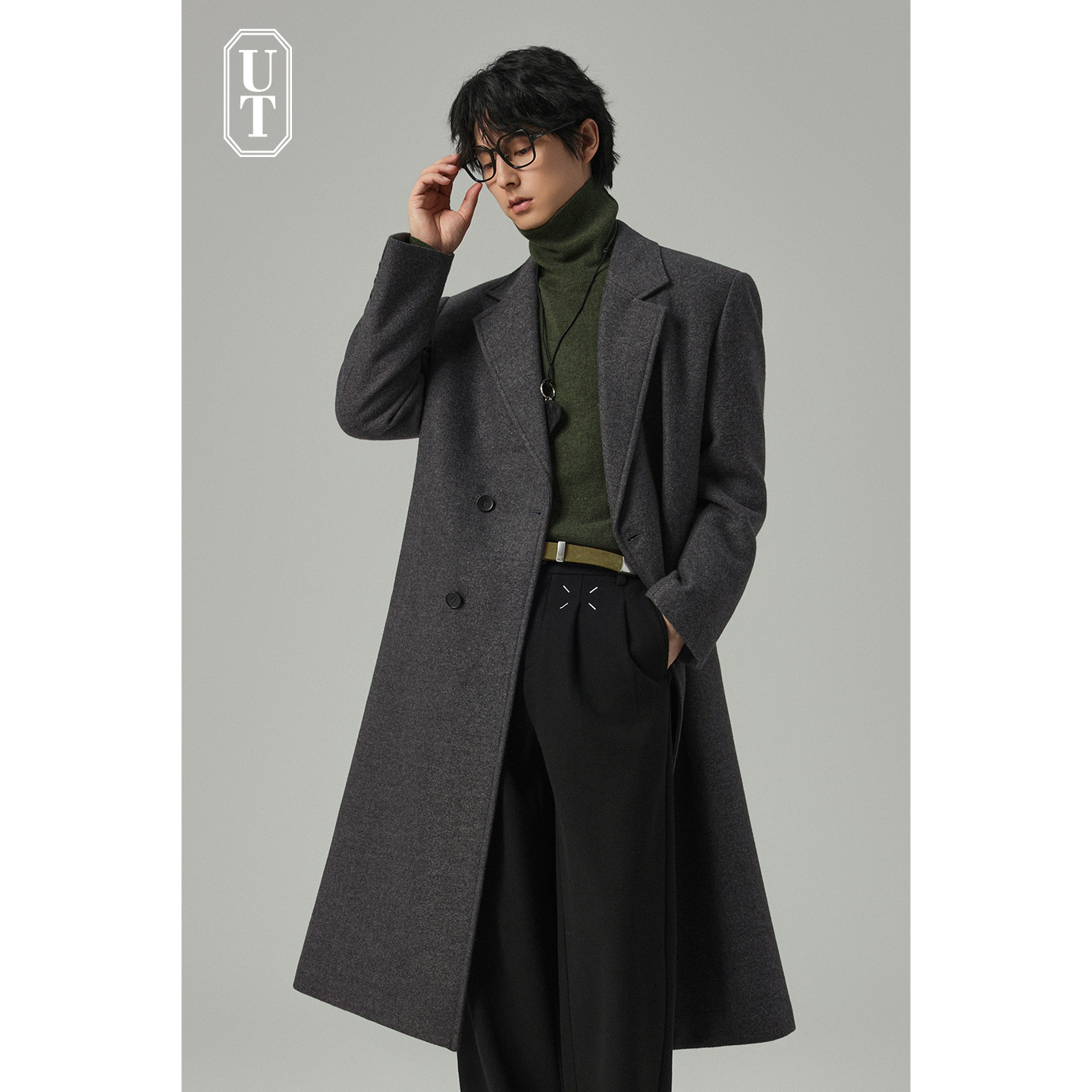 冬季新款单排扣毛呢大衣外套男过膝长款轻奢老钱风带垫肩加厚外衣