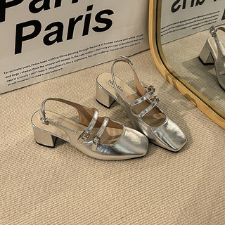 法式低跟银色玛丽珍凉鞋仙女鞋子2024年新款夏季方头粗跟晚晚单鞋