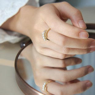 网红简约小众设计百搭款 个性 镀金指环 珍珠锆石戒指时尚 FiL新款