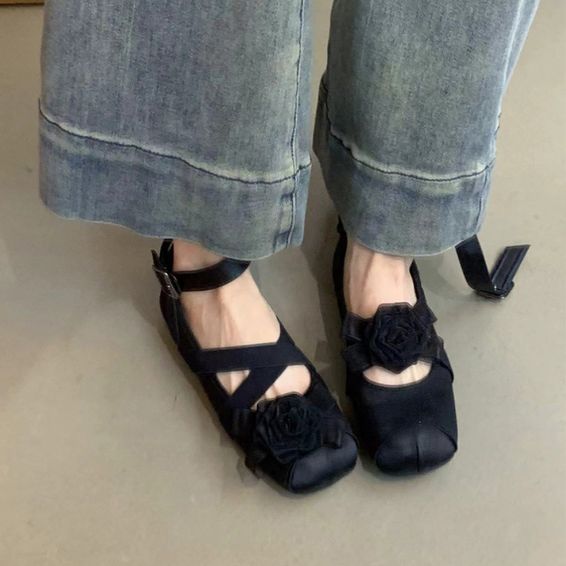 羊皮版~缎面大小姐花朵芭蕾舞玛丽珍女鞋浅口交叉绑带单鞋女平底