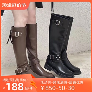 全牛皮~真皮厚底高筒靴不过膝长靴皮带扣后拉链粗跟圆头骑士靴女