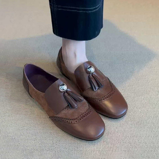羊皮版~英伦风棕色小皮鞋布洛克流苏真皮乐福鞋圆头平底舒适单鞋
