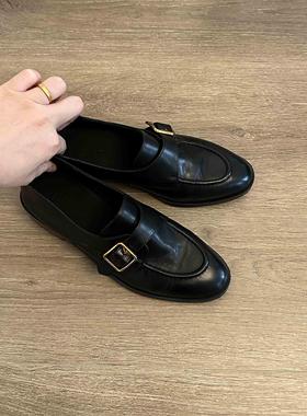 Dannyfrey新款英伦风手工真皮复古方扣一脚蹬乐福鞋