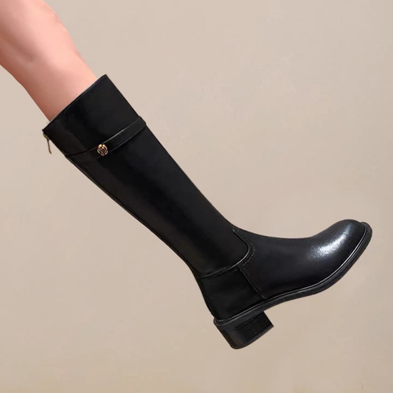 真皮英伦风黑色长筒骑士靴