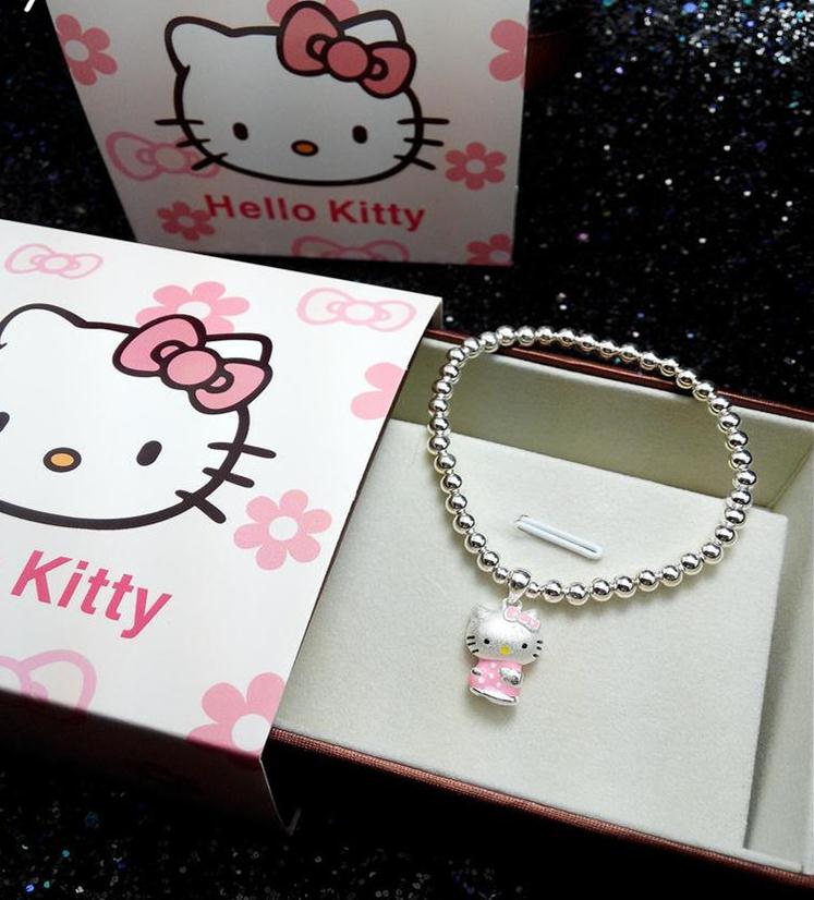 s925純銀hello kitty凱蒂貓女孩款圓珠吊墜手鏈 兒童學生生日禮物