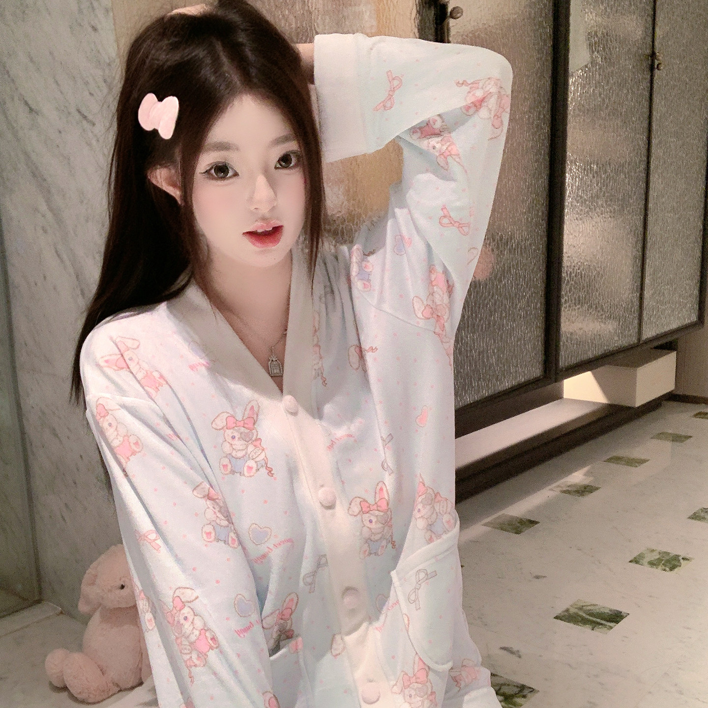 捞捞酱「绒绒草莓兔」海岛绒睡衣女2025新款秋冬季加绒加厚家居服