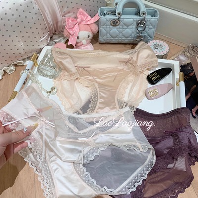 捞捞酱「欲系千金」法式性感高级缎面网纱三角内裤蝴蝶结纯欲性感