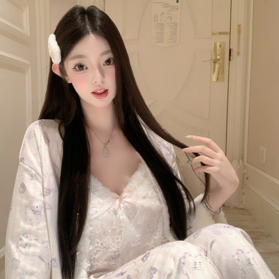 捞捞酱「甜心kitty」海岛绒2025新款秋冬季加绒加厚睡衣女带胸垫