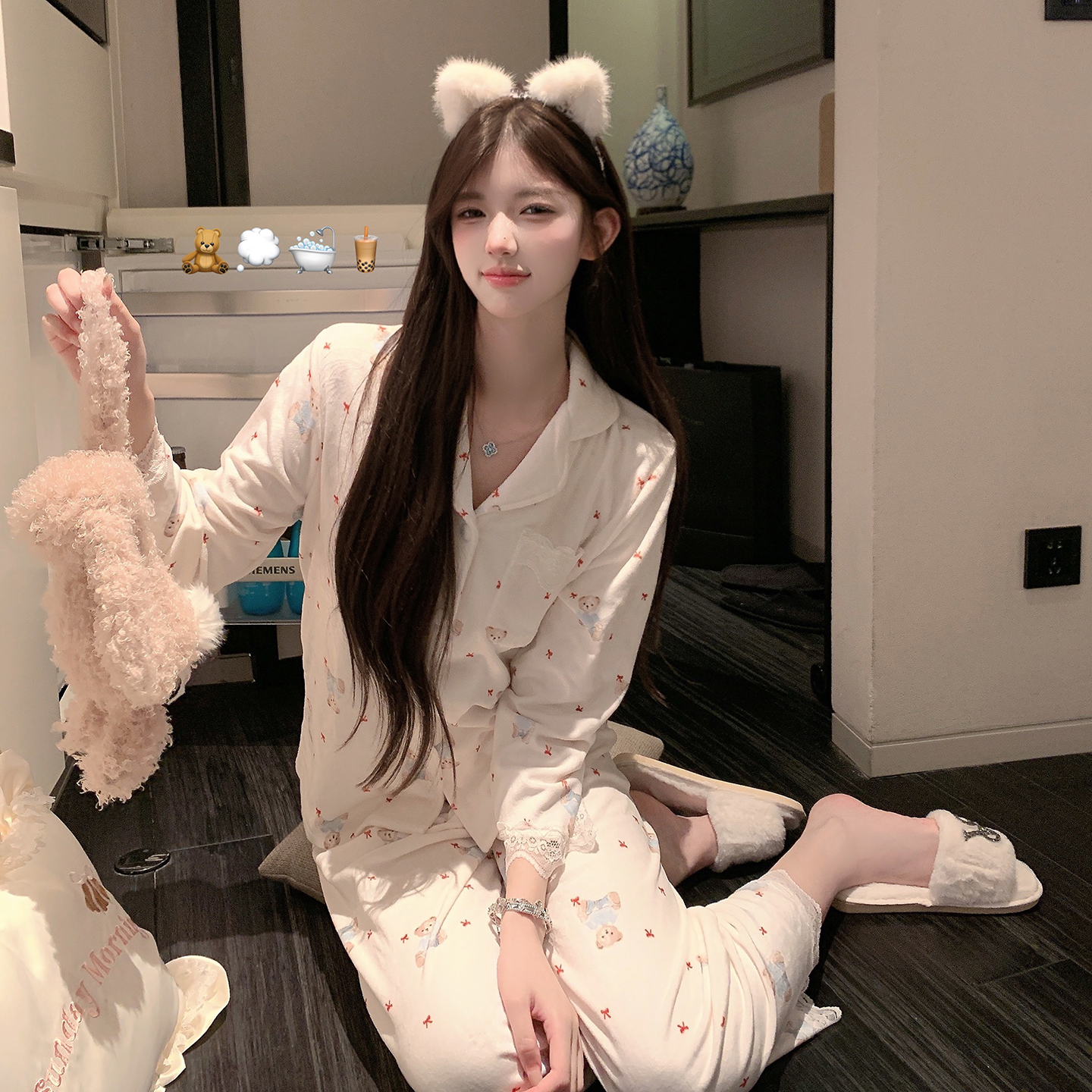 捞捞酱「甜心小熊」海岛绒秋冬款性感纯欲风睡衣女2025新款家居服