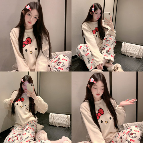 捞捞酱「Kitty脑袋」珊瑚绒冬季睡衣女加绒加厚2025新款家居服