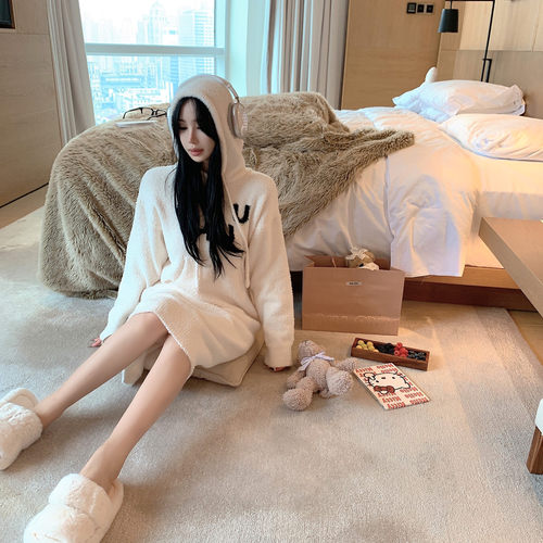 半边绒连帽加长睡裙家居服