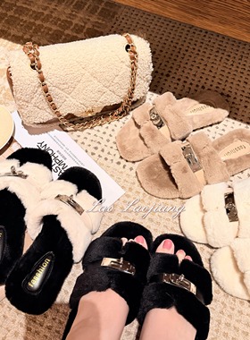 捞捞酱「人手一双的毛毛拖」chao暖和银扣加绒保暖居家外穿拖鞋新