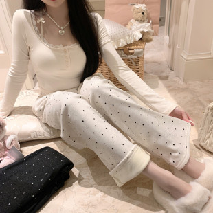 懒人拖地长裤 捞捞酱「奶油绒绒裤 保暖冬季 子秋冬款 」加绒波点裤