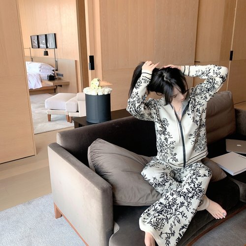 睡衣加厚两件套连帽家居服针织