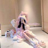 LaoLao酱「小美角色卡」珊瑚绒冬季 加厚连帽睡袍睡衣套装 可爱新