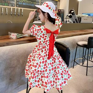 女童裙子夏天短袖洋气时尚碎花公主裙夏季薄款草莓裙儿童连衣裙夏