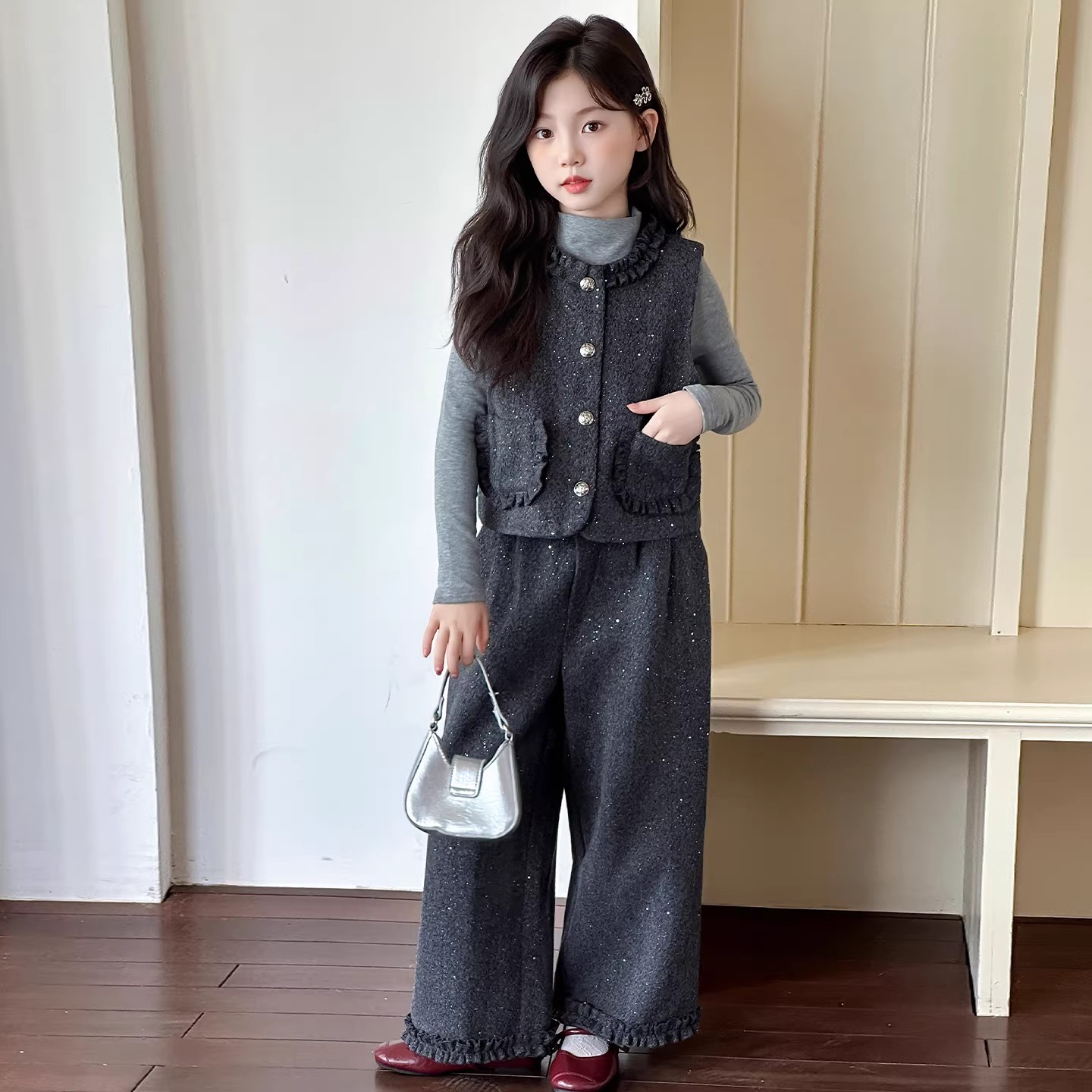 女童春秋小香风马甲阔腿裤三件套