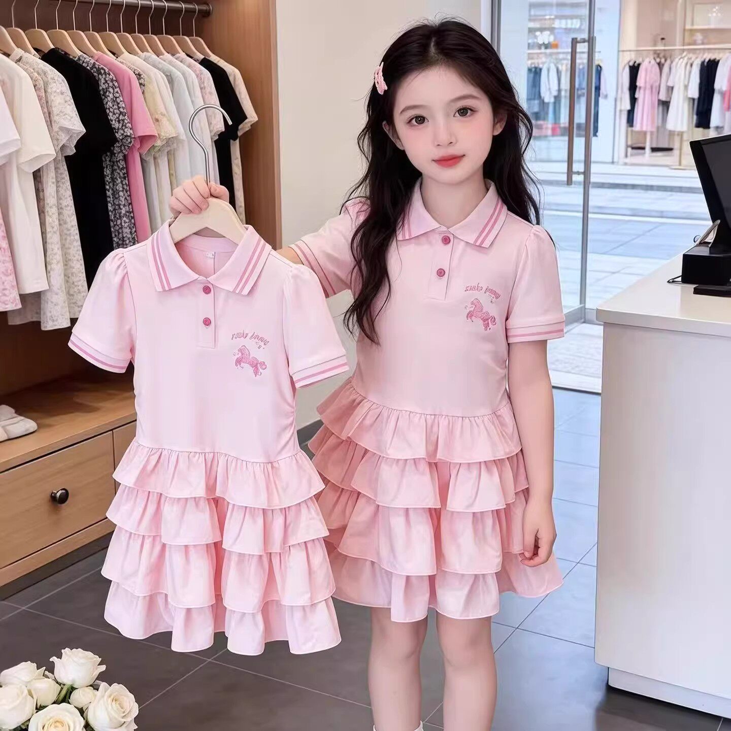 女童连衣裙夏季2026新款儿童POLO领蛋糕裙宝宝夏装巨好看公主裙子