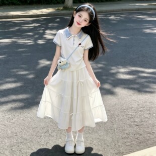 女童学院风polo衫短袖两件套蛋糕裙2026夏季新款女大儿童洋气套装
