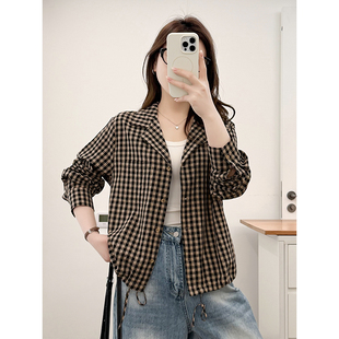 大码 胖mm西装 女装 女2026新款 领绑带收腰衬衣上衣 复古格子衬衫 翠袖