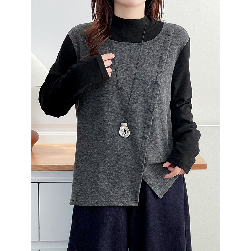 翠袖大码女装半高领假两件马甲拼接加厚慕斯绒打底衫秋冬内搭上衣